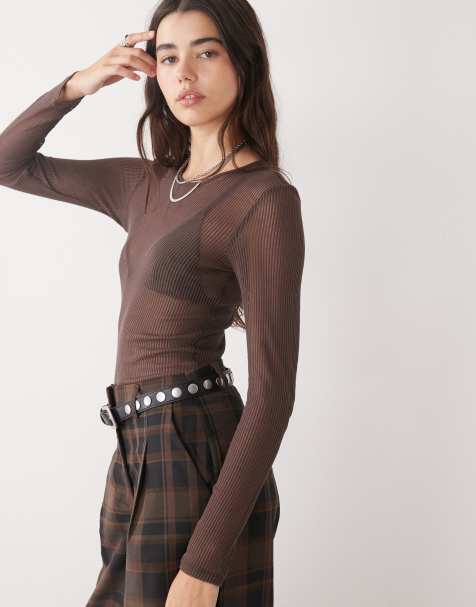 Monki long sleeve sheer ribbed top in dark chocolate brown  - view 1
