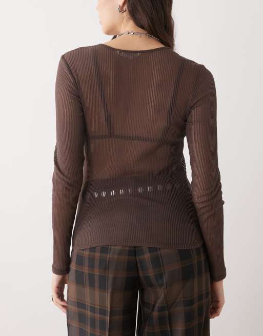 Monki long sleeve sheer ribbed top in dark chocolate brown , 3 of 4