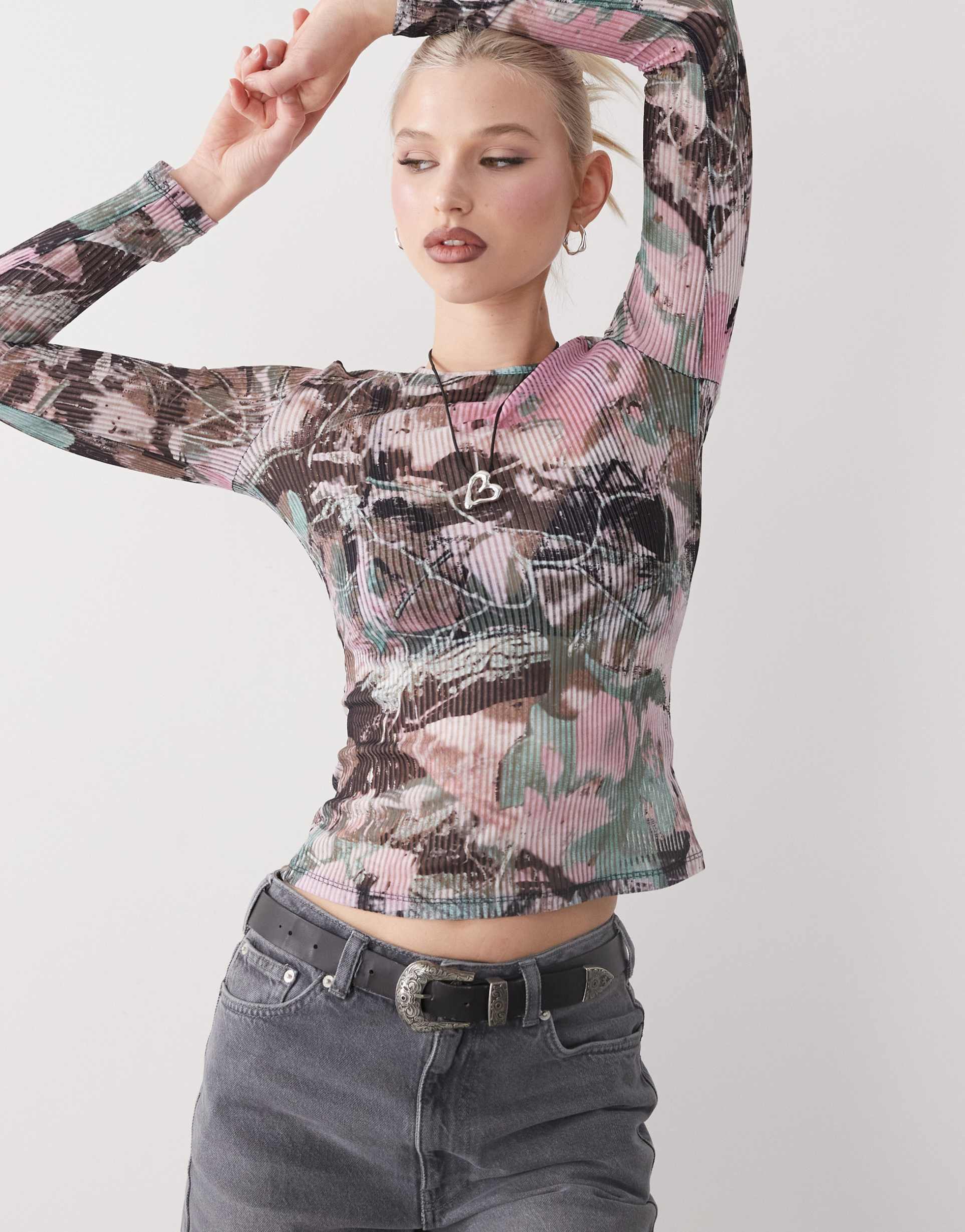 monki long sleeve sheer ribbed top in pink camo print