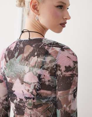 Monki Long Sleeve Sheer Ribbed Top In Pink