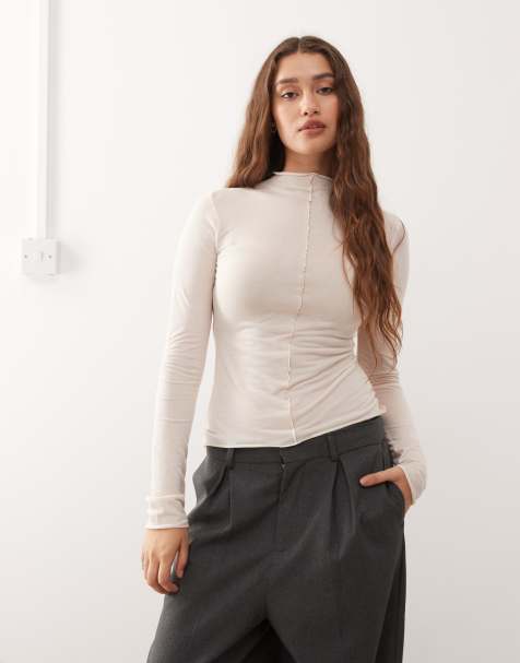 Monki long sleeve sheer t-shirt with front seam detail in beige - view 1