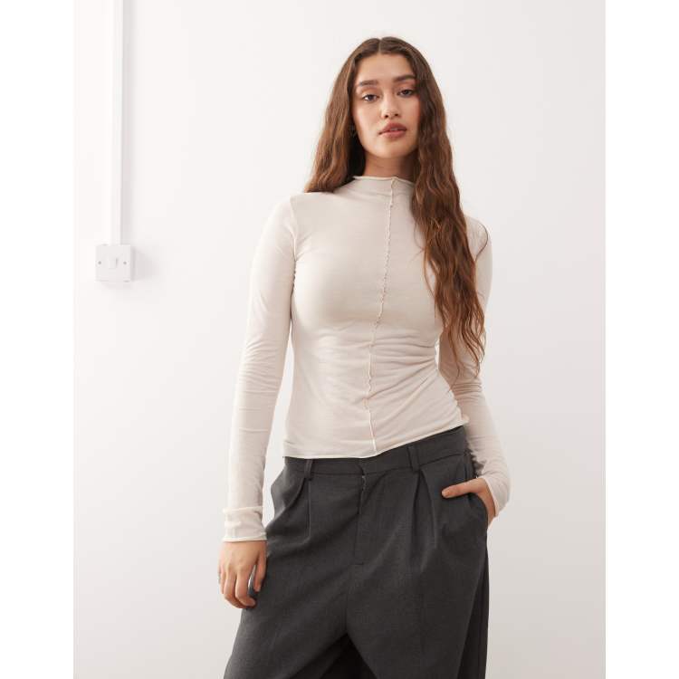 Monki long sleeve sheer t-shirt with front seam detail in