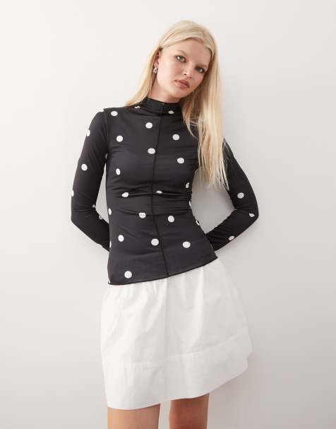 Monki long sleeve sheer t-shirt with front seam detail in black polka dot - view 1