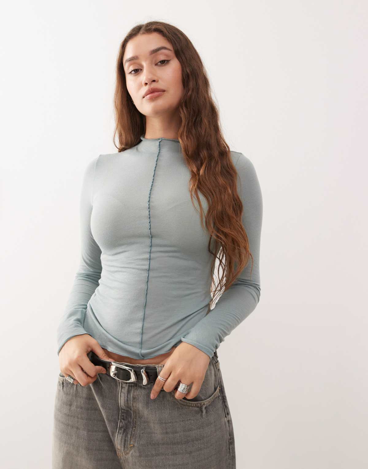 Monki long sleeve sheer t-shirt with front seam detail in sage green