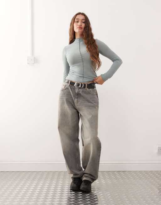 Monki long sleeve sheer t-shirt with front seam detail in sage green