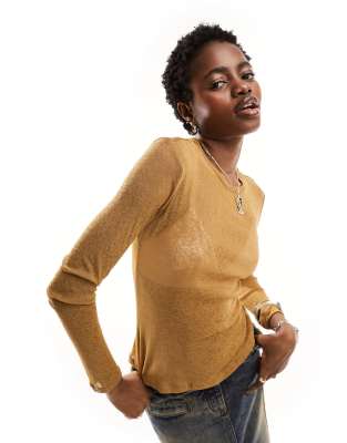 long sleeve sheer top in mustard brown-Black