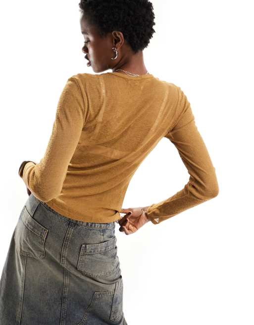 Monki long sleeve sheer top in mustard brown, 4 of 4