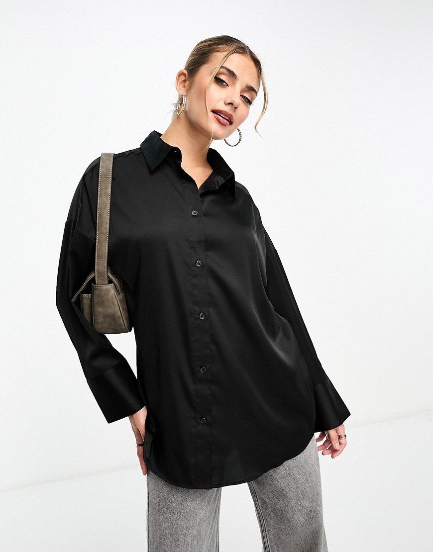 Monki Long Sleeve Shine Shirt In Black