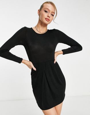 Monki long sleeve shiny drape dress in black - ASOS Price Checker