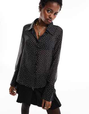 Monki long sleeve shirt in black mono dot print