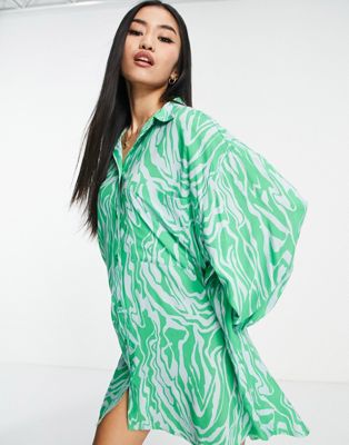 Monki long sleeve shirt dress in green wave print
