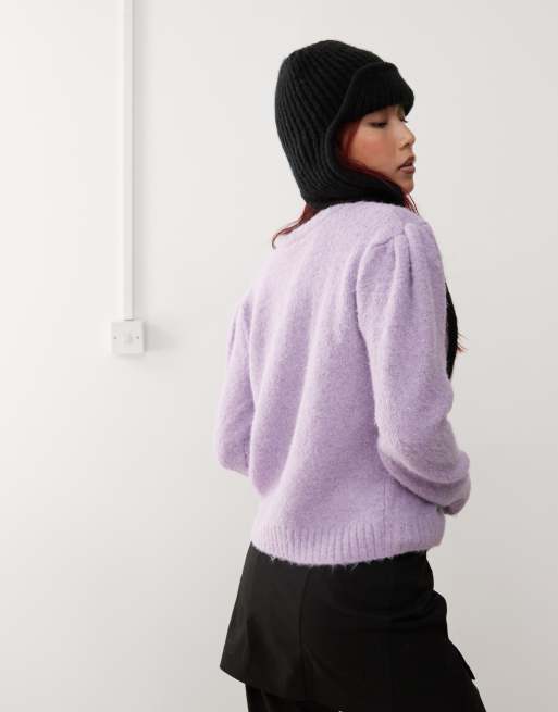 Monki long sleeve slim fit fluffy knit button front cardigan with puff sleeve in lilac