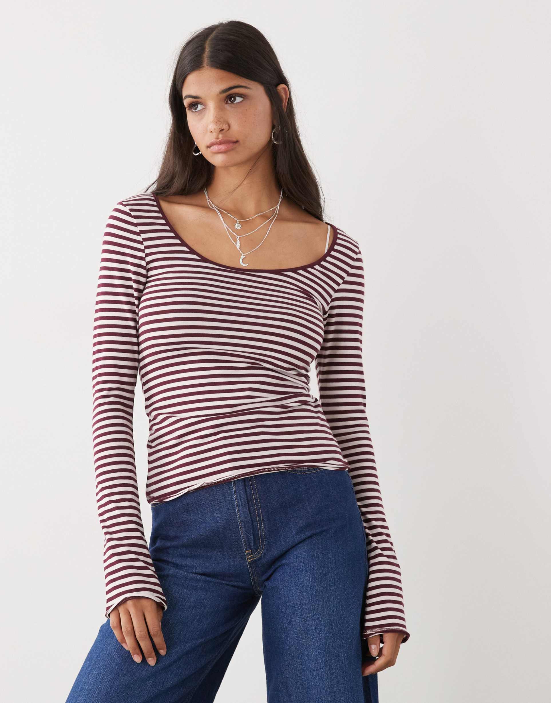 monki long sleeve slim fit scoop neck t-shirt in burgundy and pink stripe