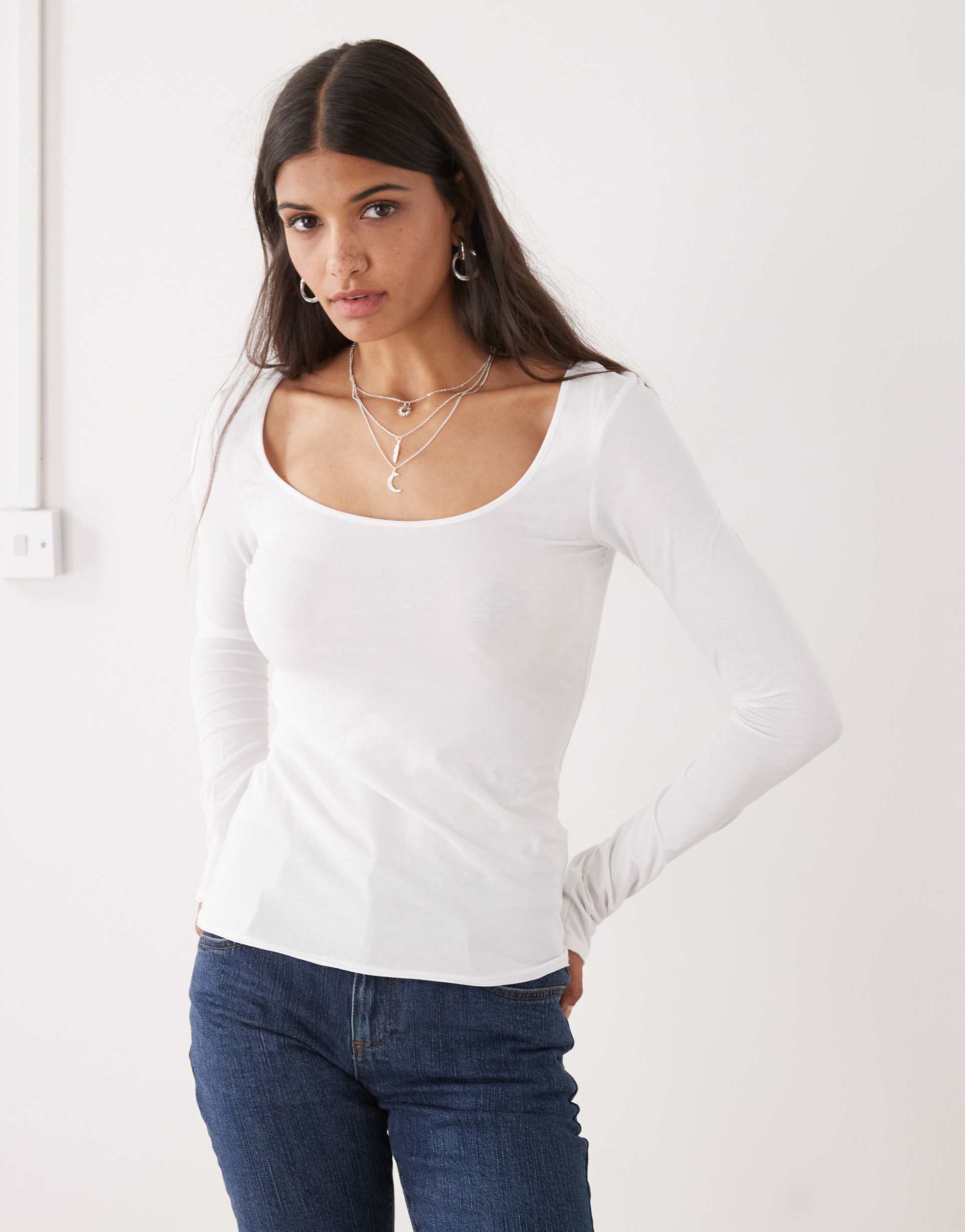 monki long sleeve slim fit scoop neck t-shirt in white