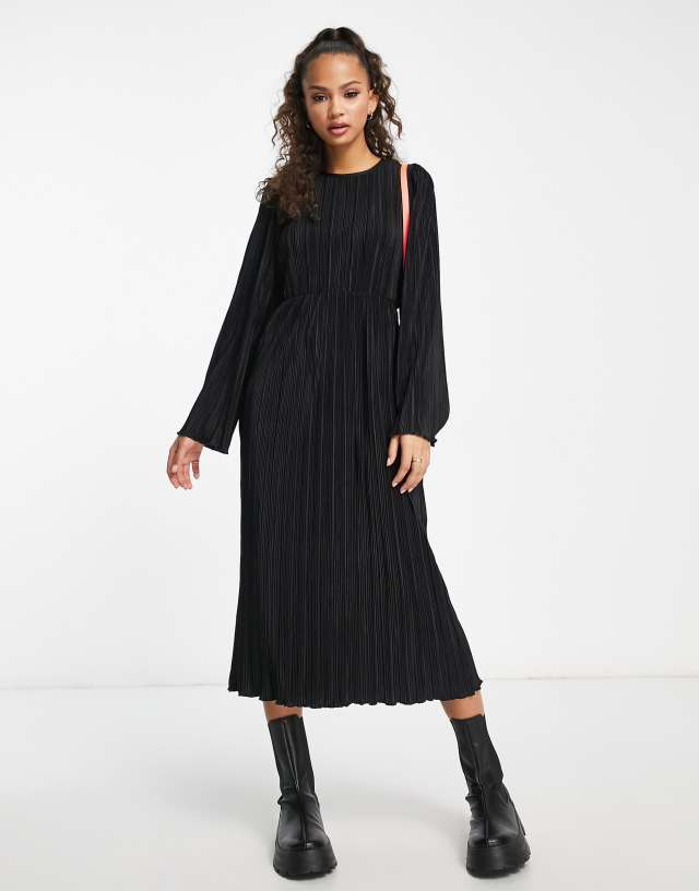 Monki long sleeve smock midi dress in black