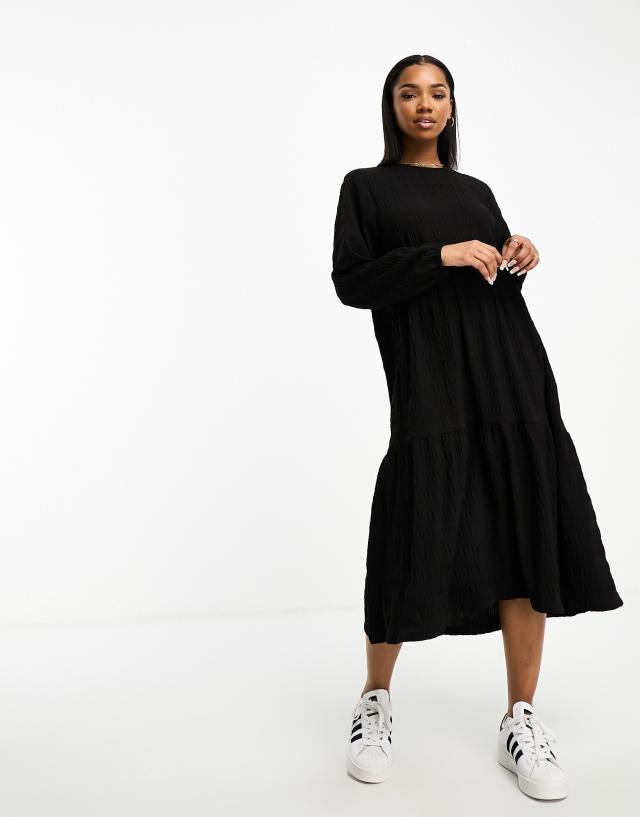 Monki - long sleeve smock midi dress in black