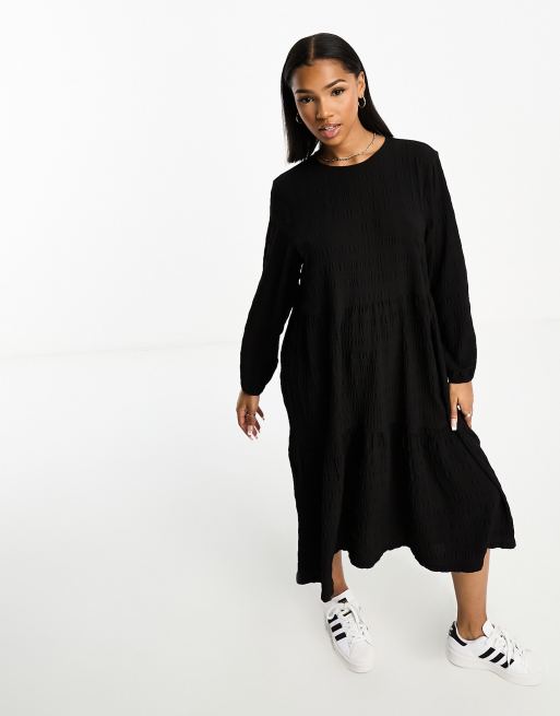 Monki long sleeve smock midi dress in black
