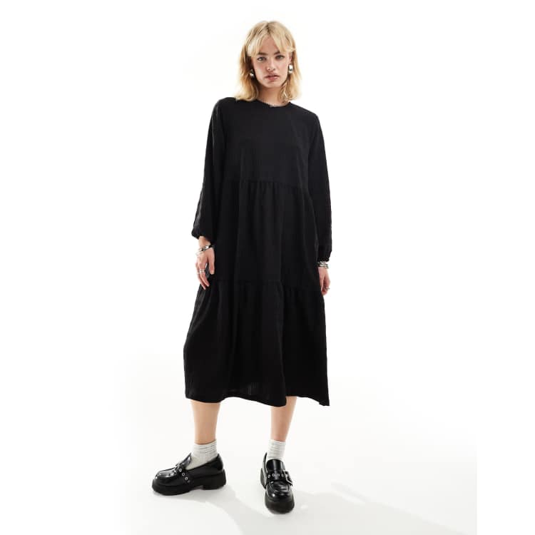 Monki long sleeve smock midi dress in black ASOS