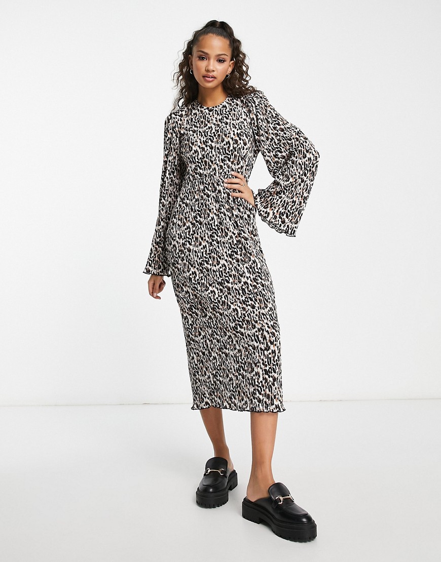 Monki long sleeve smock midi dress in leopard print-Brown