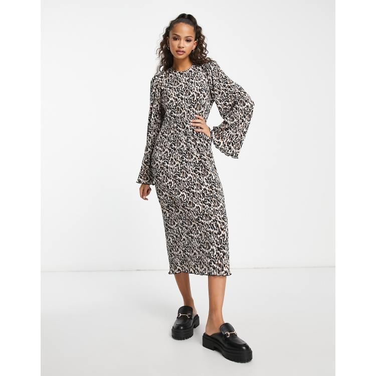 Monki long sleeve smock midi dress in leopard print