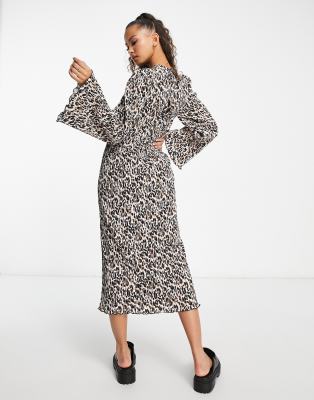 Monki long sleeve dress in green leopard print with slit