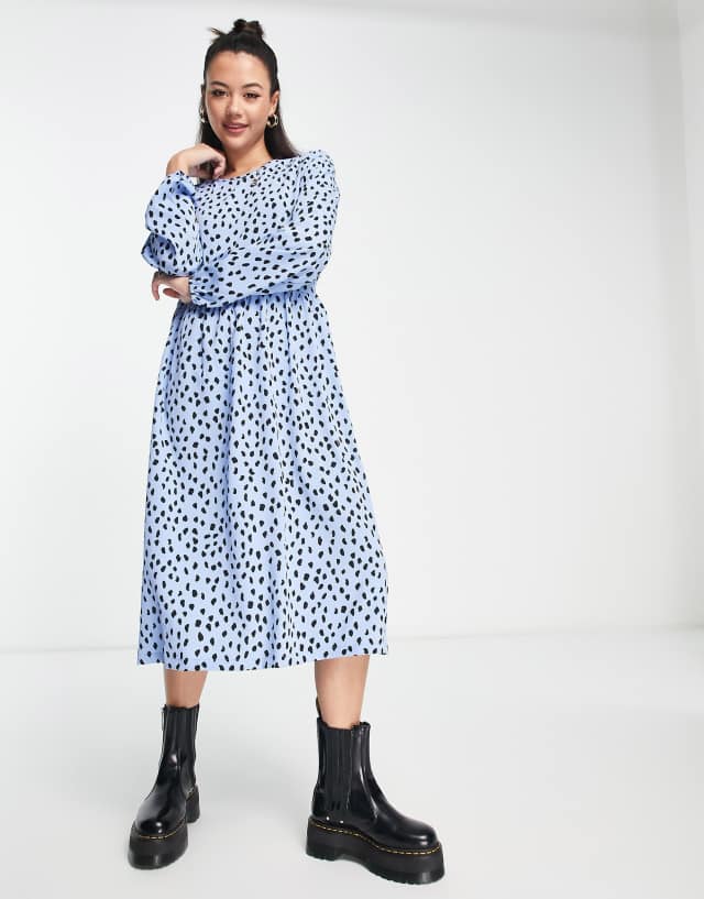 Monki long sleeve spot print midi dress in blue