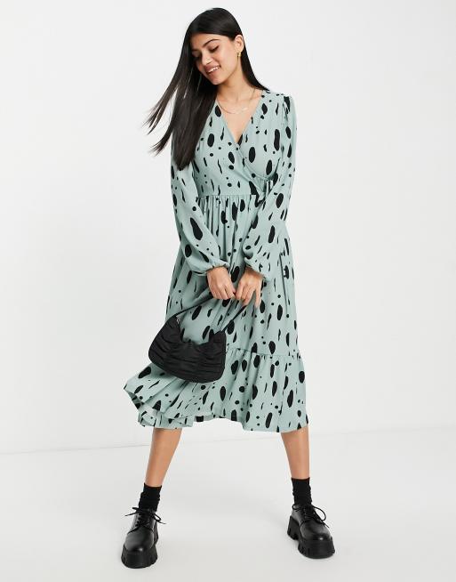 Monki long sleeve spot print wrap dress in blue - MBLUE
