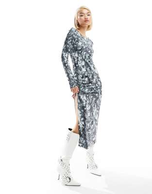 Monki long sleeve stretch column dress with side split in silver