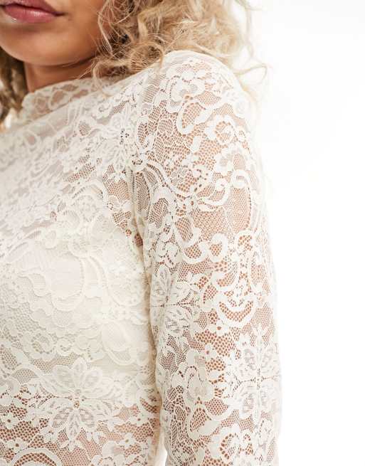 Monki long sleeve stretch sheer lace top in white | ASOS
