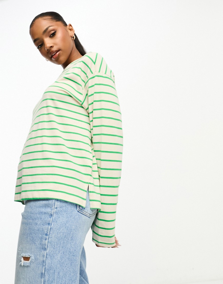 Monki long sleeve stripe top in green and cream stripe-Multi