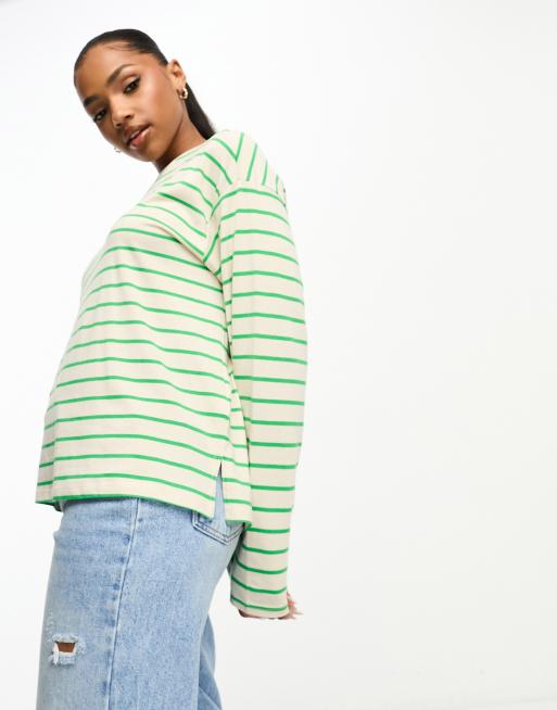 Monki ribbed boat neck long sleeve top with slits in off white