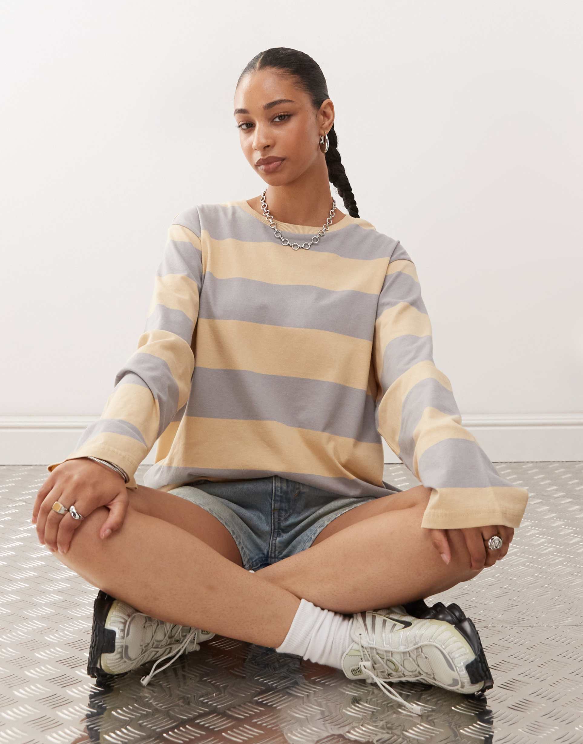 monki long sleeve super oversized t-shirt in beige and gray stripe