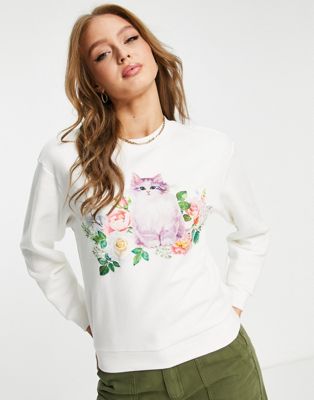 Monki long sleeve sweatshirt with cat graphic in white