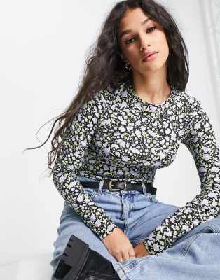 Monki Long Sleeve T-shirt In Black And Purple Floral