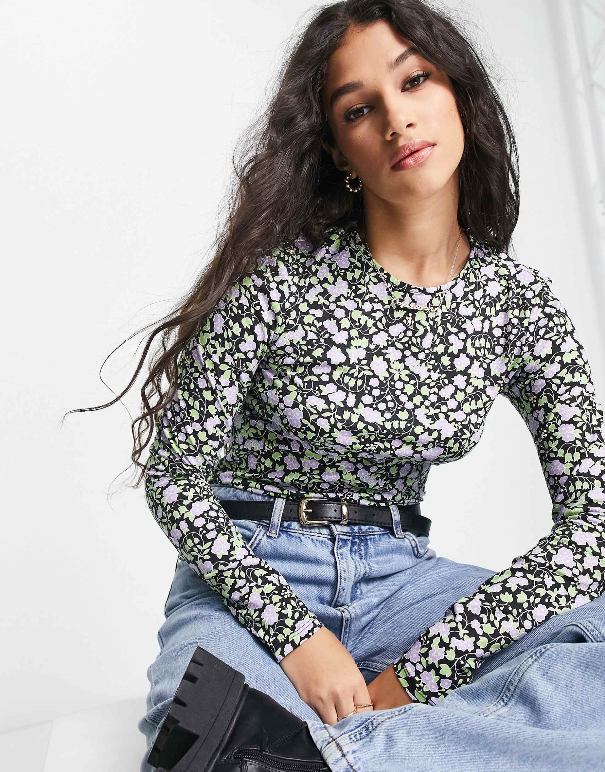 monki long sleeve t-shirt in black and purple floral