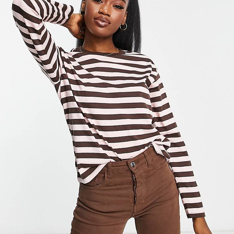 Monki long sleeve T-shirt in brown and pink stripe