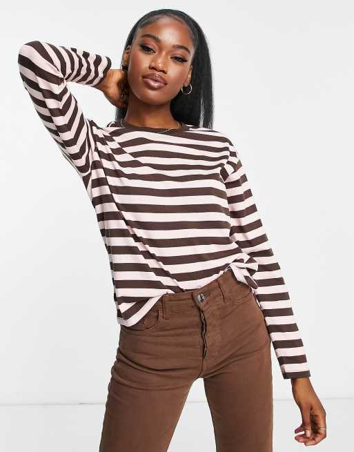 Monki long sleeve T-shirt in brown and pink stripe