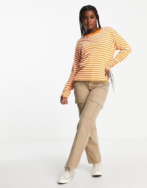 Monki long sleeve T-shirt in orange and white stripe