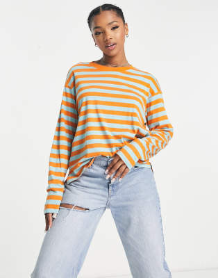 Monki long sleeve t-shirt in teal and orange stripe | ASOS
