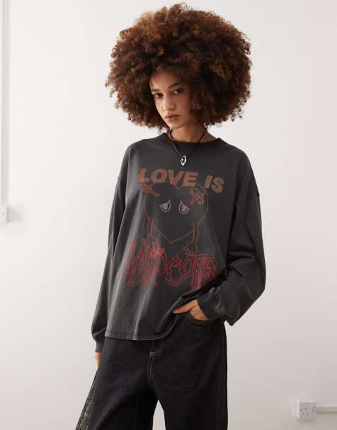 Monki long sleeve t-shirt with love is hardcore print in gray - view 1