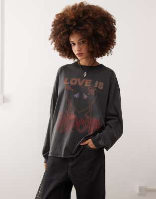 monki long sleeve t-shirt with love is hardcore print in gray