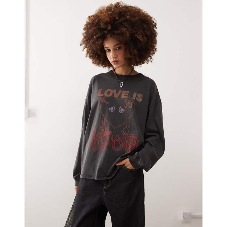 Monki long sleeve t-shirt with love is hardcore print in grey | ASOS