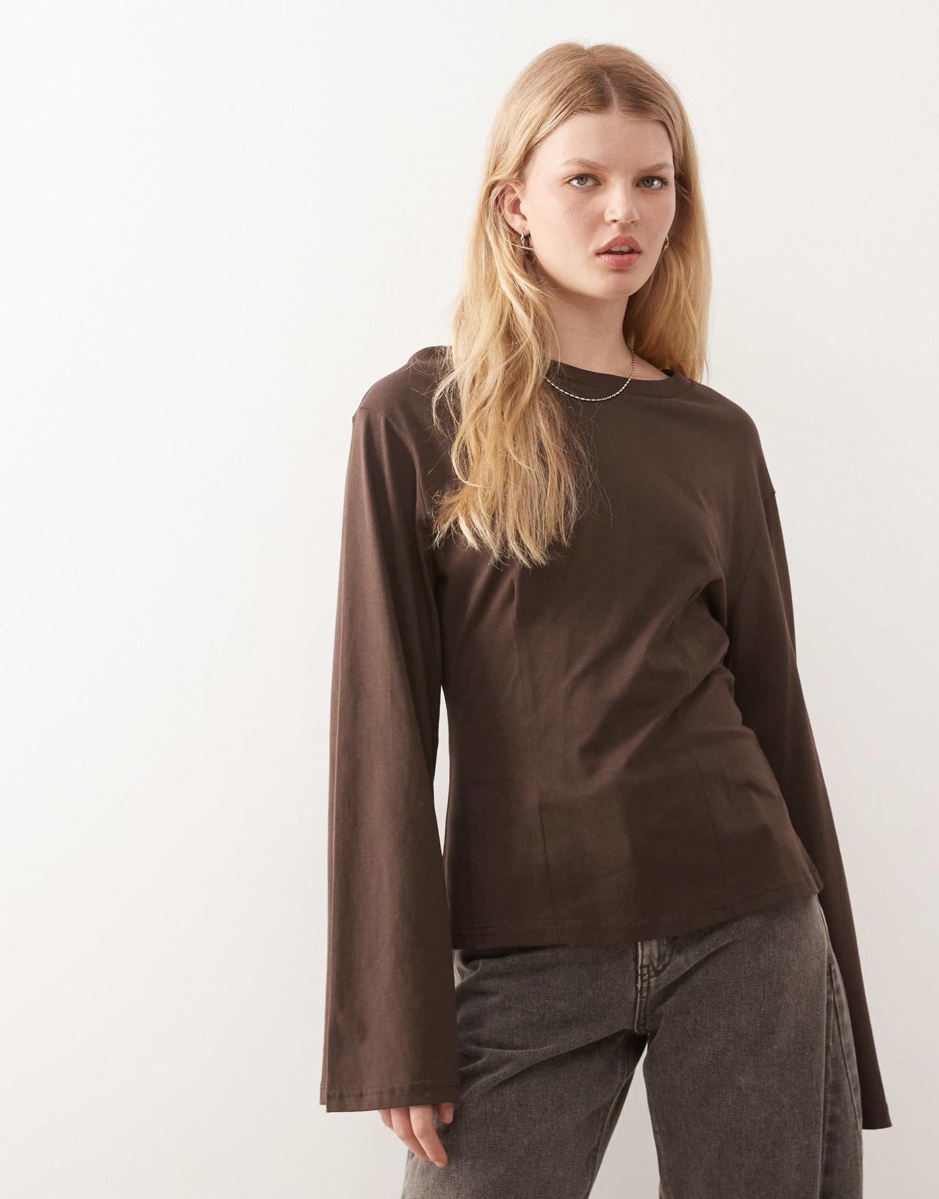 monki long sleeve t-top with cinched waist in brown