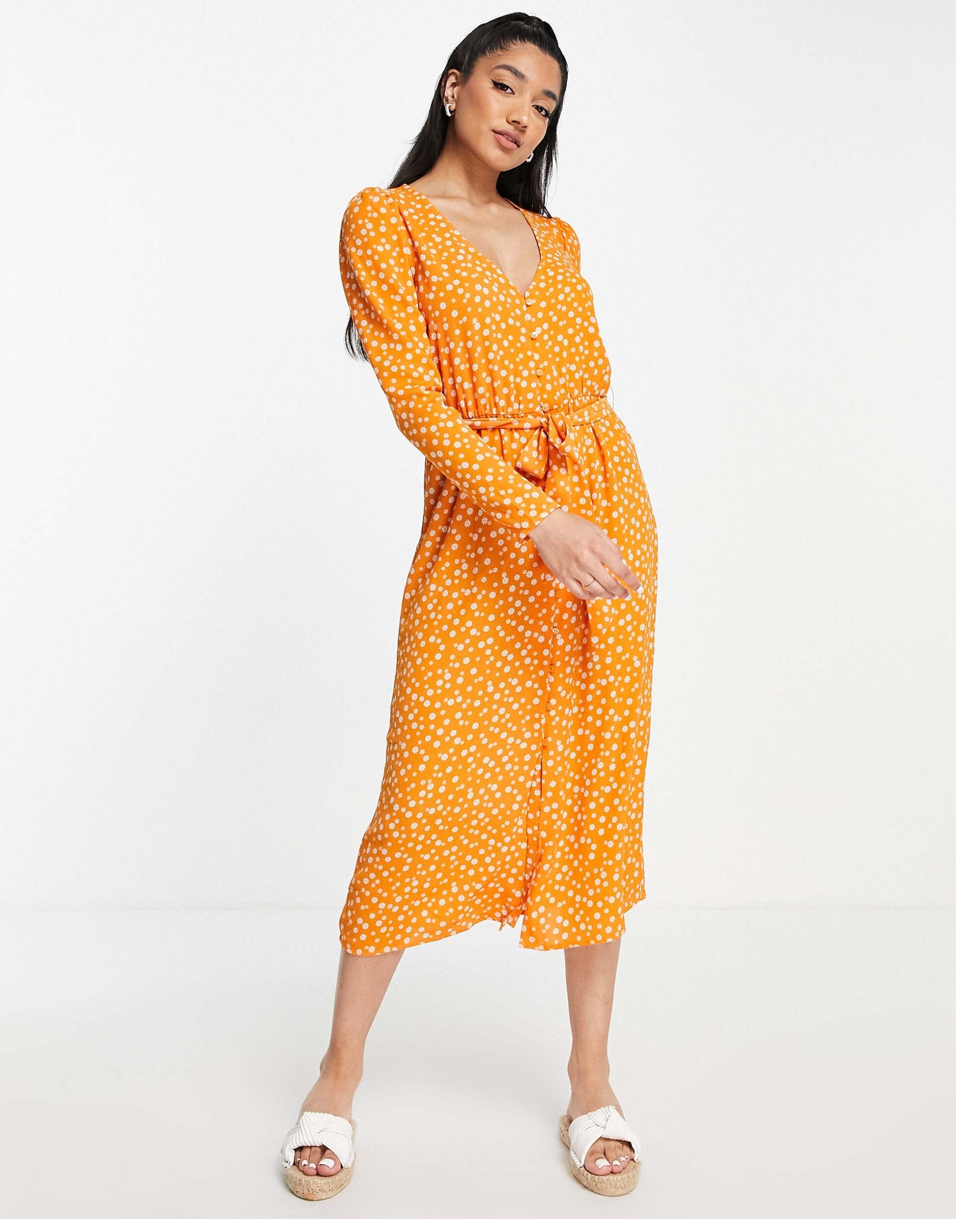 monki long sleeve tie front midi dress in orange daisy floral
