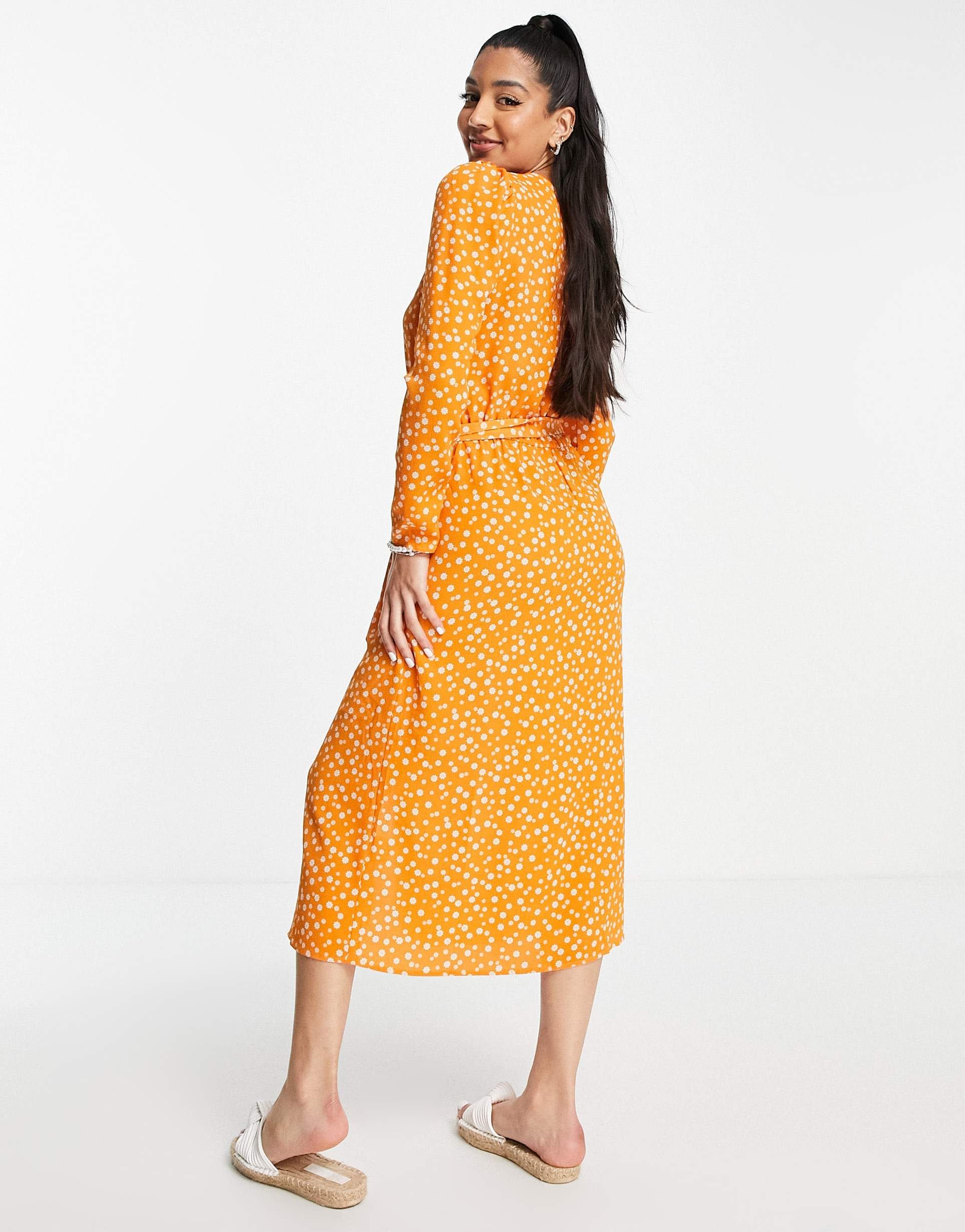 monki long sleeve tie front midi dress in orange daisy floral