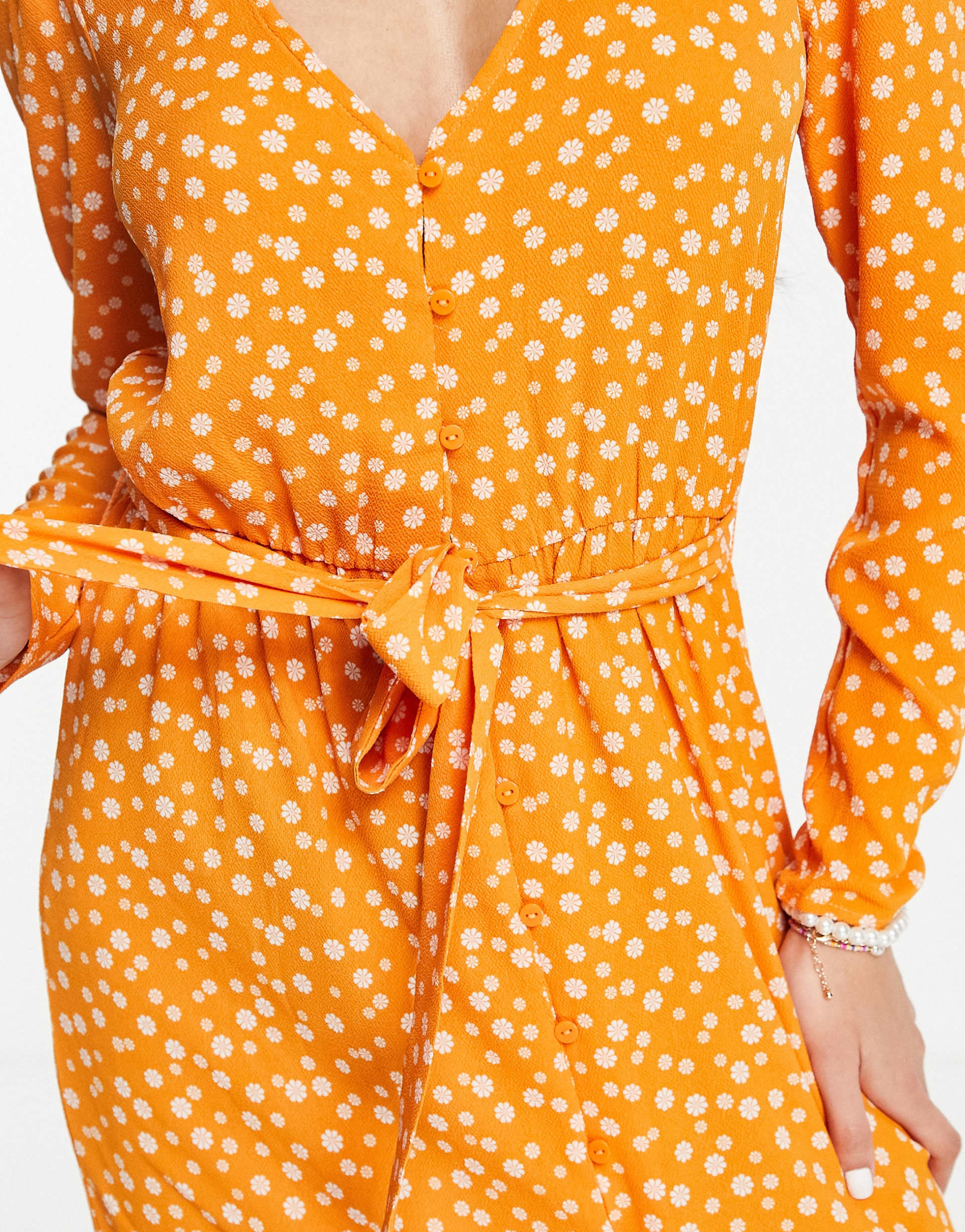 monki long sleeve tie front midi dress in orange daisy floral
