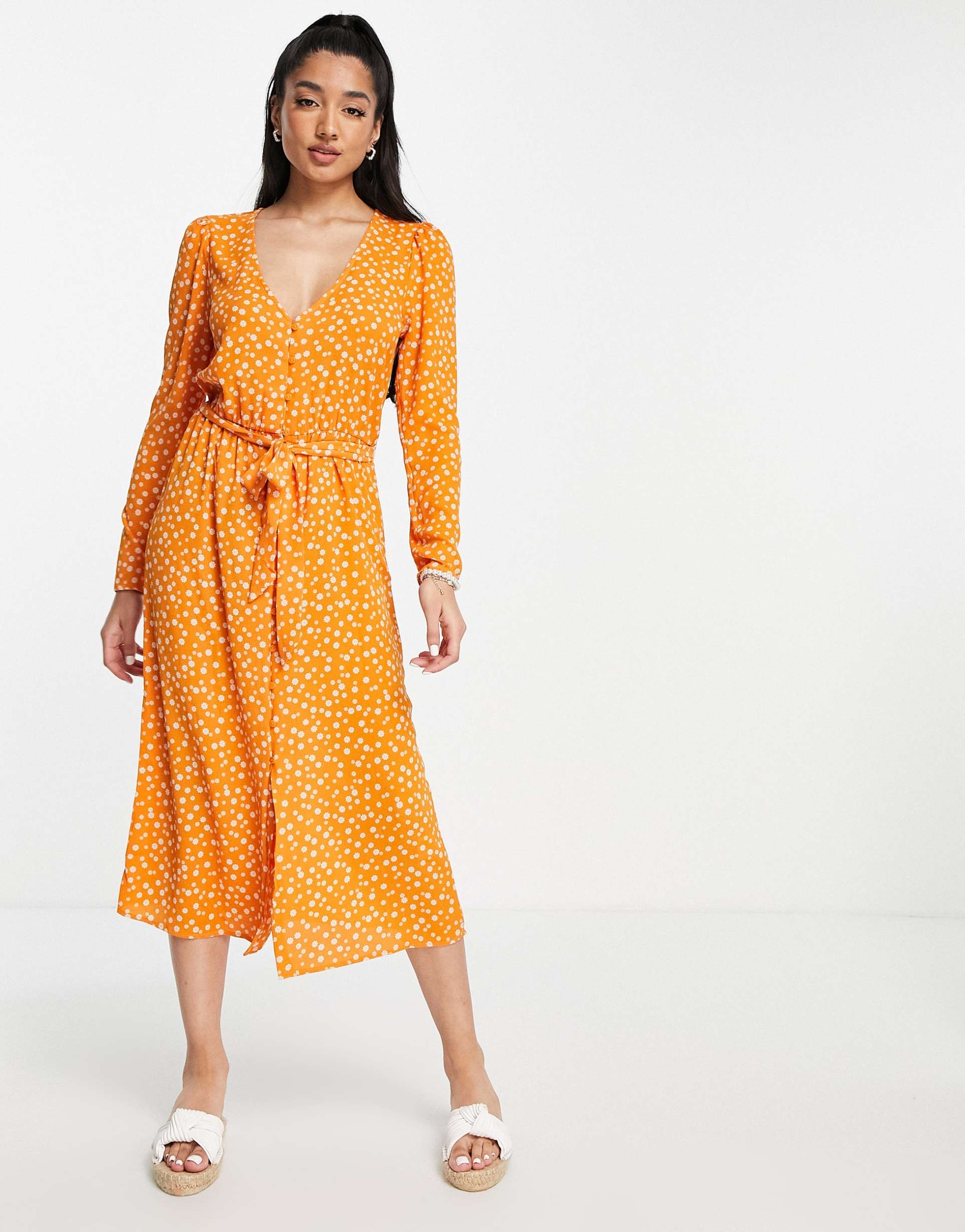 monki long sleeve tie front midi dress in orange daisy floral