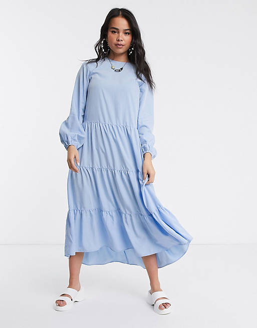Monki long sleeve tiered midi dress in light blue | ASOS