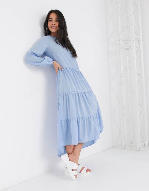 Monki long sleeve tiered midi dress in light blue