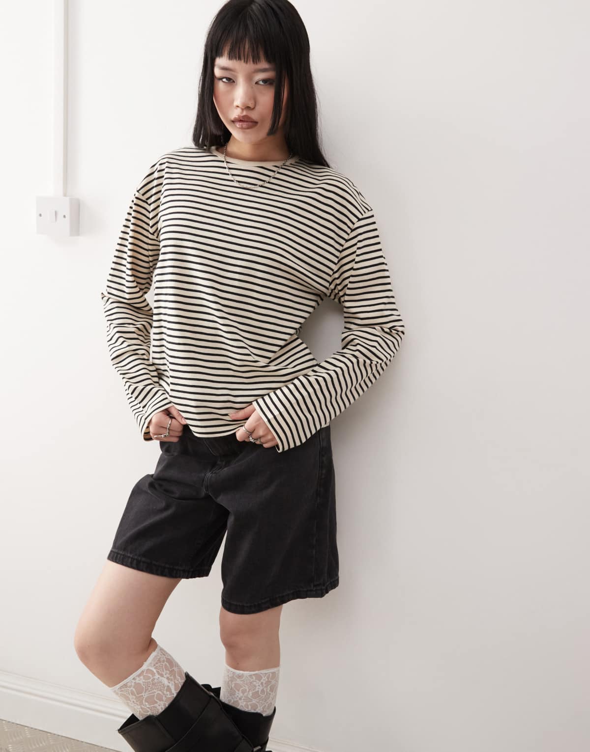 Monki long sleeve top in black and beige stripe